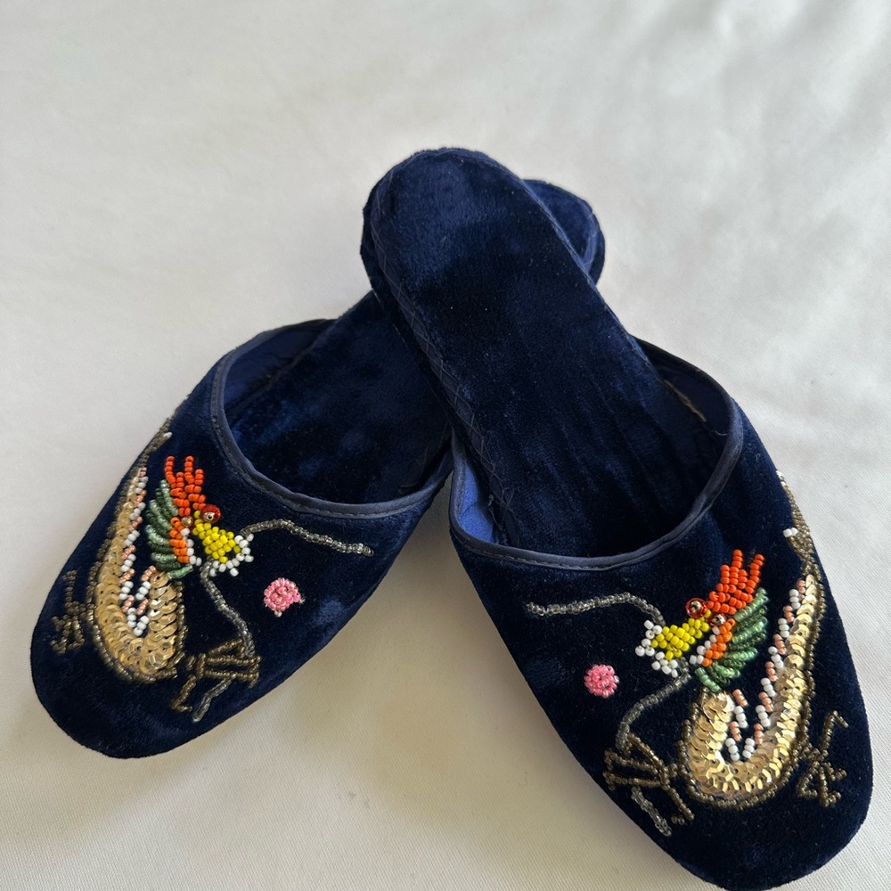 Embroidered Blue Velvet Women's Slippers